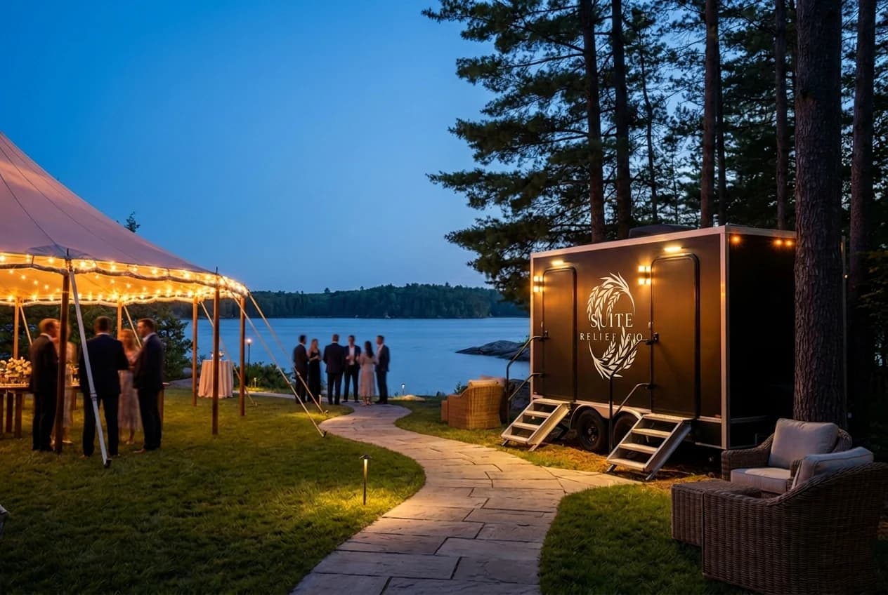 Evening lakeside celebration with the Suite Relief Co. branded trailer glowing at the tree line beside a lit sailcloth tent