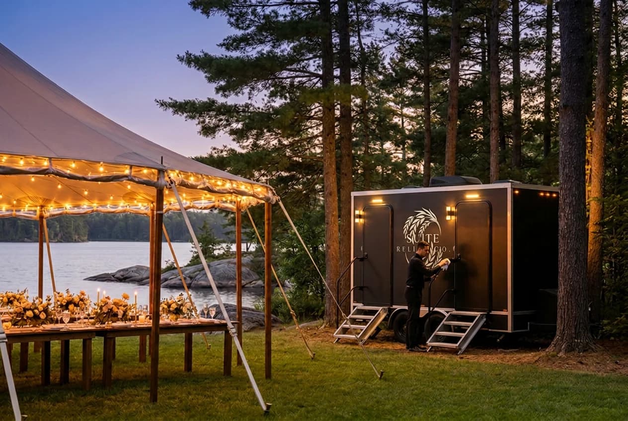 Suite Relief Co. team preparing the branded trailer beside a lakeside sailcloth tent at dusk