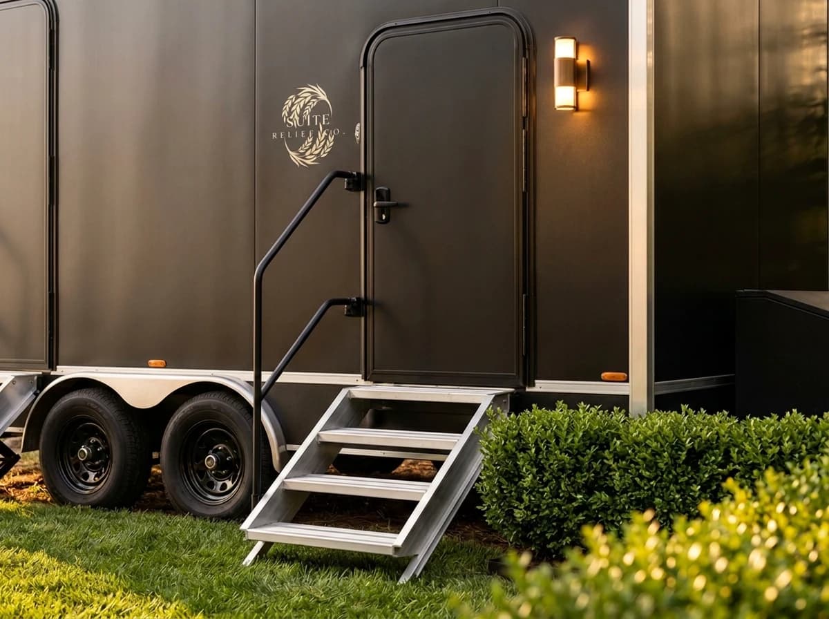 Entrance detail: branded black panel with the laurel logo, black handrail, aluminum steps, and a warm sconce beside the suite door