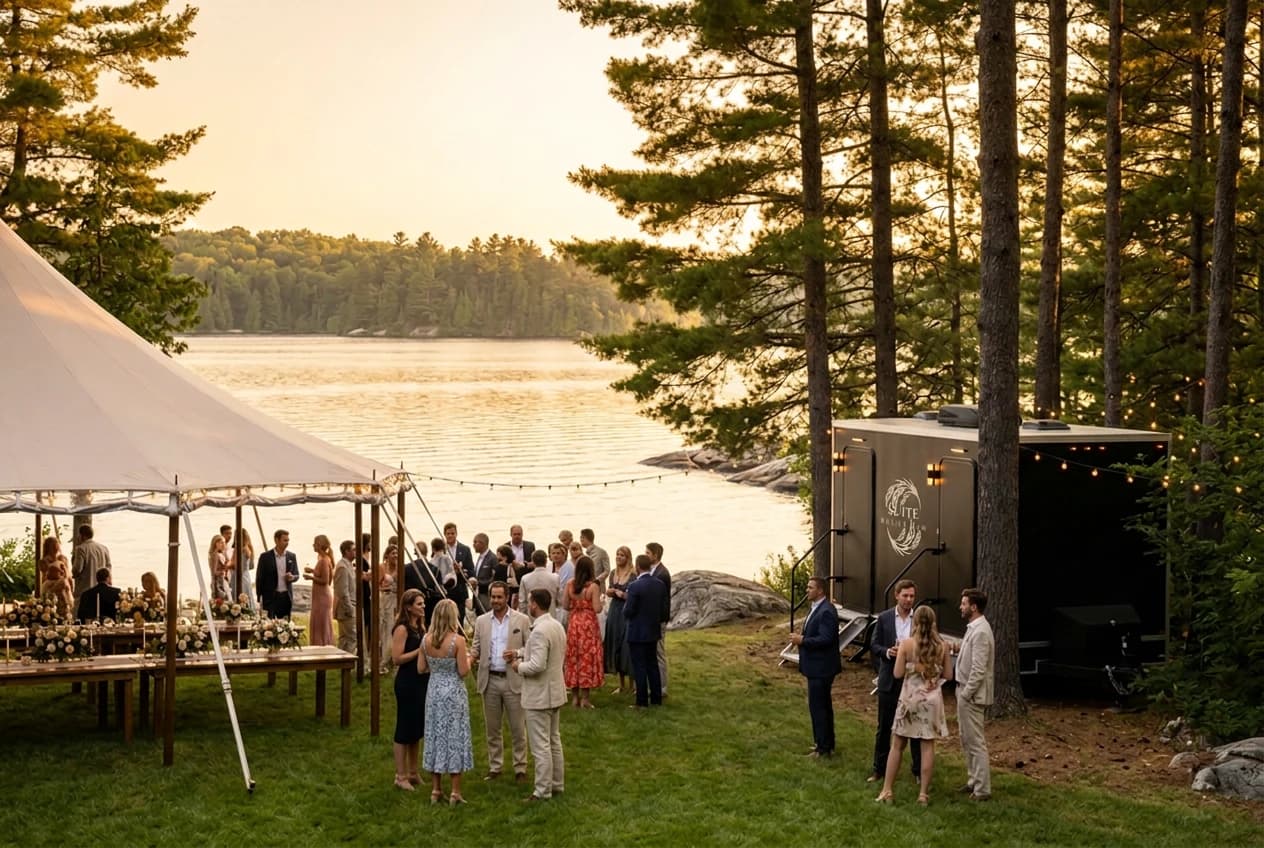 Lakeside wedding in Muskoka at golden hour with the branded Suite Relief Co. trailer at the tree line beside the sailcloth tent