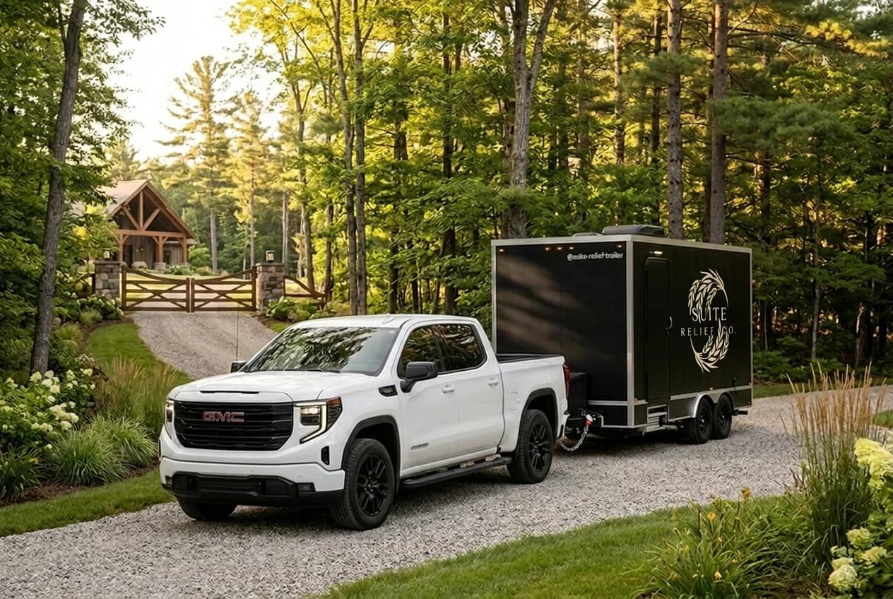 White GMC Sierra towing the Suite Relief Co. branded trailer up a gated cottage laneway
