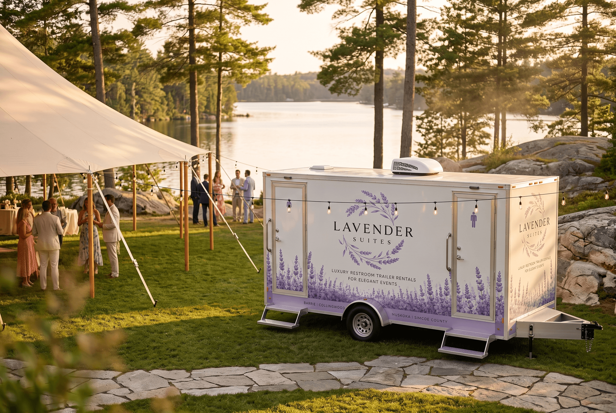 The Lavender Suites trailer positioned discreetly beside an elegant sailcloth wedding tent on a Muskoka lakeshore