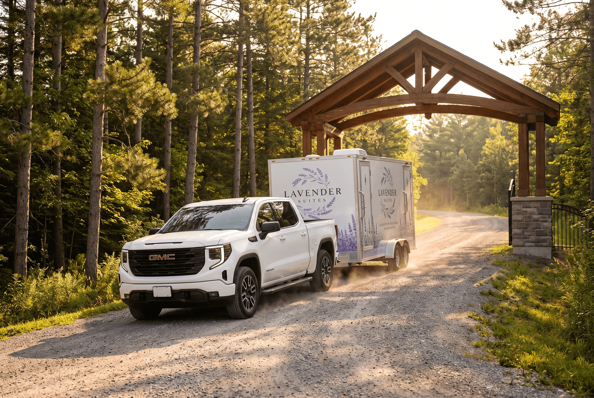 White GMC Sierra towing the Lavender Suites trailer up a gated cottage laneway