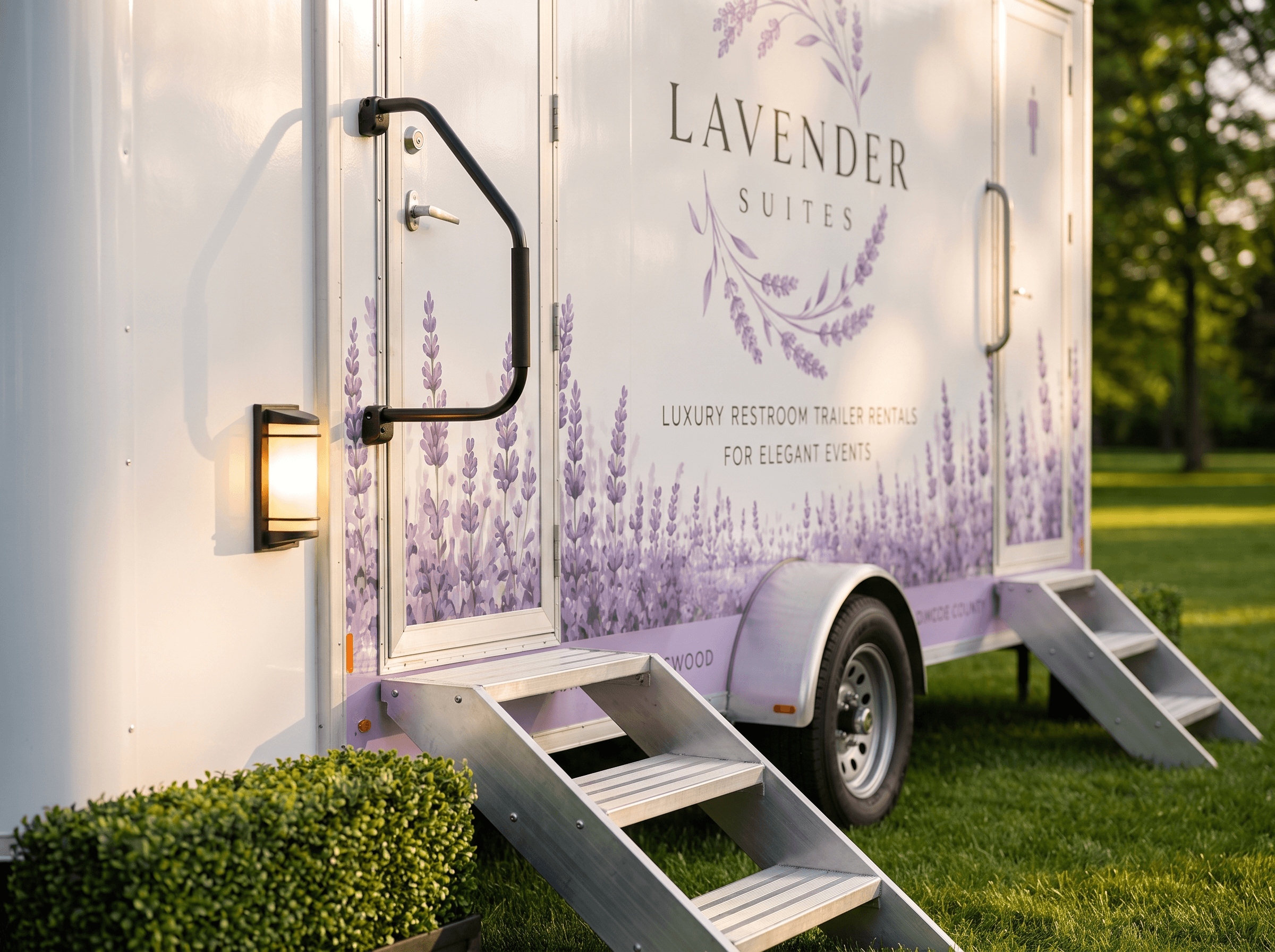 Entrance detail: the trailer's white body with lavender wreath logo, black handrail, aluminum steps, and a warm sconce beside the suite door