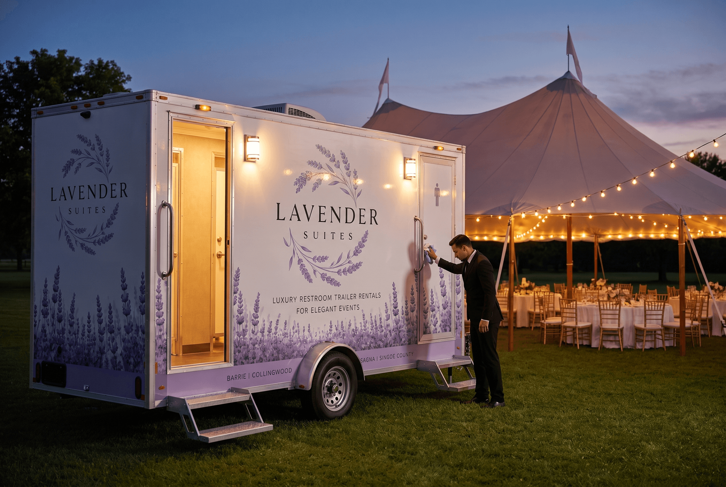 Lavender Suites team preparing the trailer beside a lakeside sailcloth tent at dusk