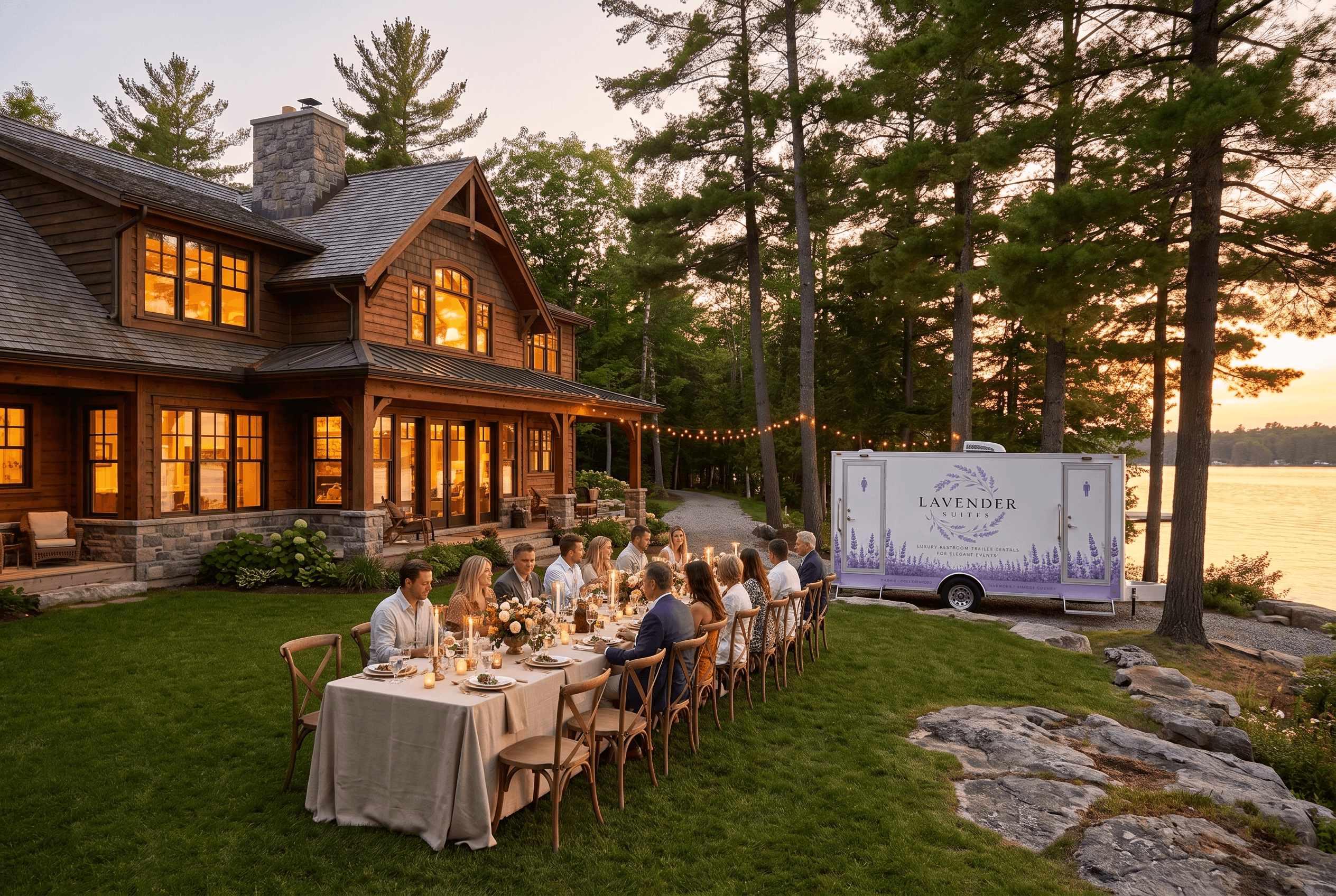Private celebration at a Muskoka cottage with the Lavender Suites trailer tucked beside the laneway