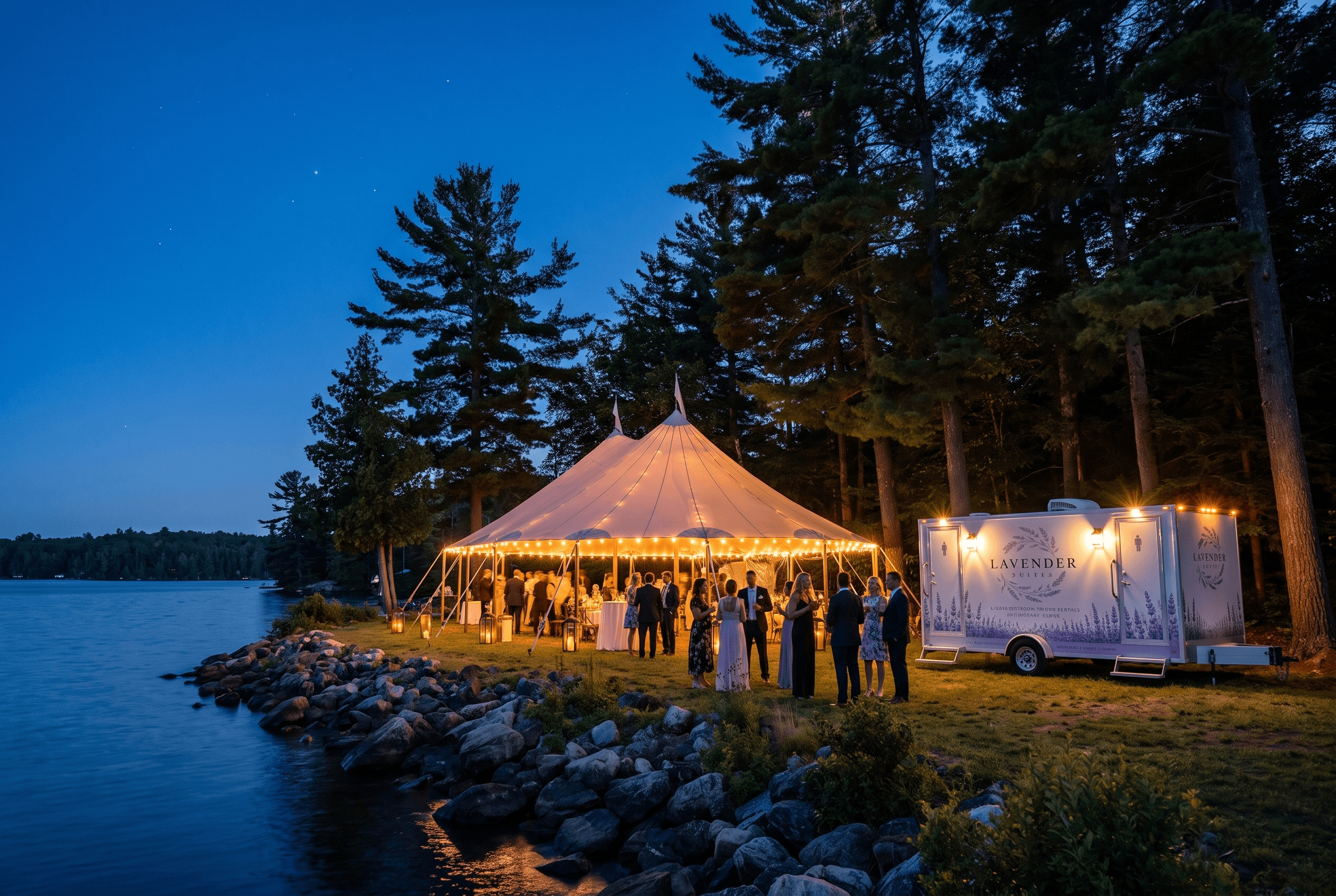 Evening lakeside celebration with the Lavender Suites trailer glowing at the tree line beside a lit sailcloth tent
